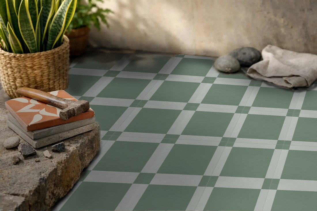 Outdoor setting with a green and white checkerboard patten tile