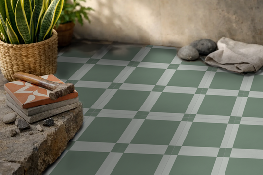 Outdoor setting with a green and white checkerboard patten tile
