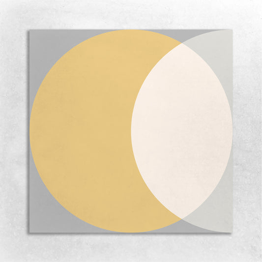 a geometric pattern of overlapping circle in the colors of gold, beige, dark grey, light grey