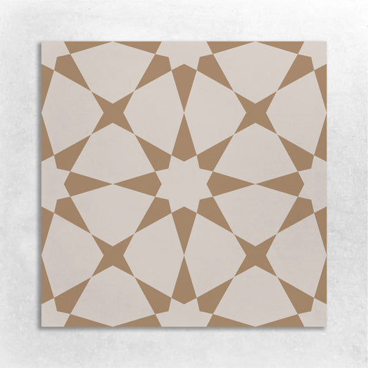 8x8 cement tile with a Moroccan star pattern in beige and tan colors 