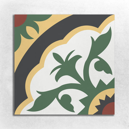 8x8 cement tile floral pattern with green, red, yellow black and white colors
